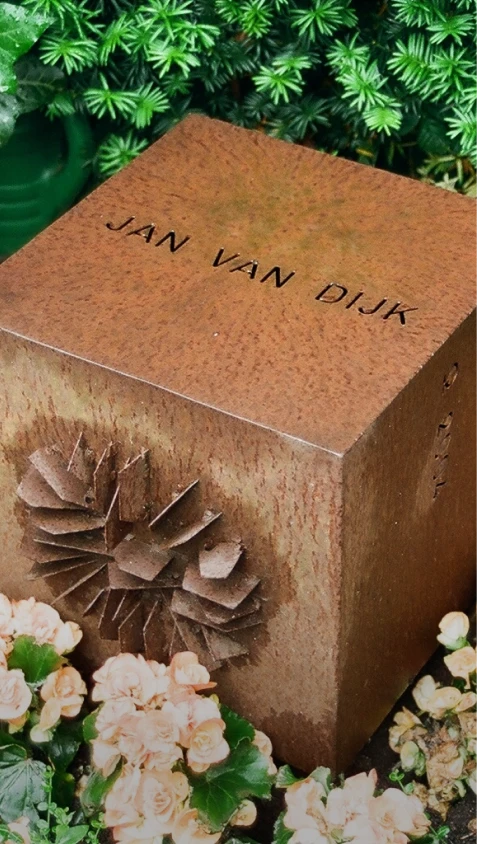 Kubus aus Eisen mit aufgeschweißtem Kreis und fragmentarischem Kreuz – Grabmal Jan van Dijk