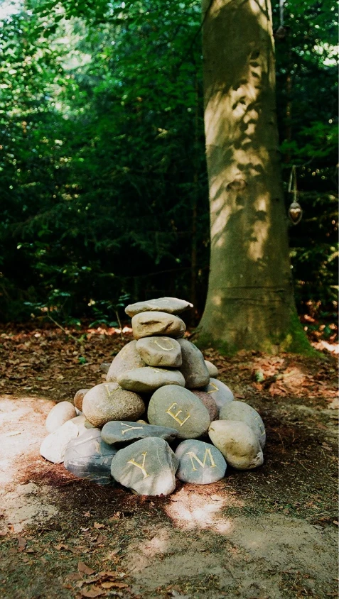 Aufeinandergeschichtete Findlinge mit eingravierten Buchstaben und Zahlen – Grabmal für Ruven Ray