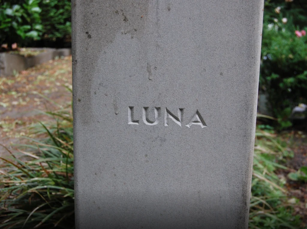 Detailaufnahme der Inschrift Luna auf dem Grabstein