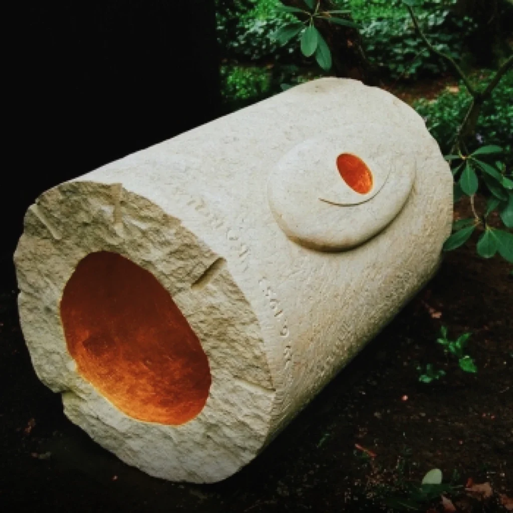 Grabstein in Form eines Querflötensegments mit vergoldetem Innenraum – Denkwerk für Karola Kaiser