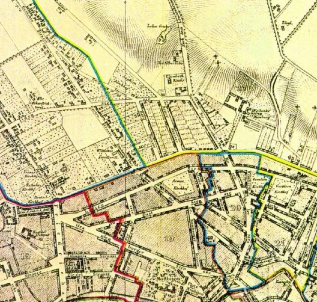 Stadtplan von Berlin mit Darstellung des Gebiets um die Kapelle der Versöhnung und das Roggenfeld.