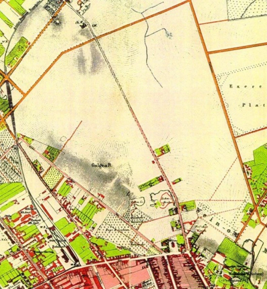 Historischer Stadtplan von Berlin mit der Rosenthaler Vorstadt und ehemaligen Ackerflächen.