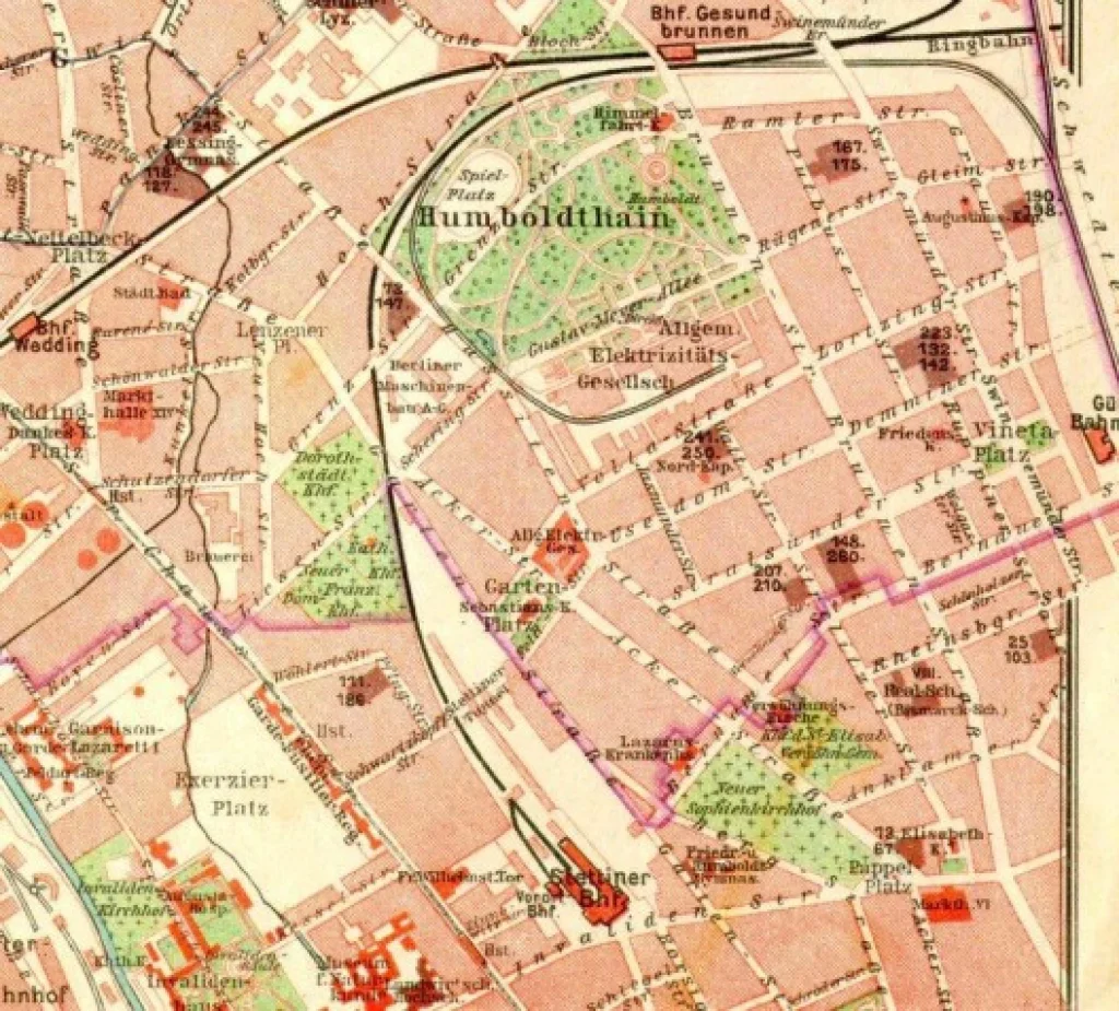 Stadtplan der Rosenthaler Vorstadt mit Industrieansiedlungen im 19. Jahrhundert.