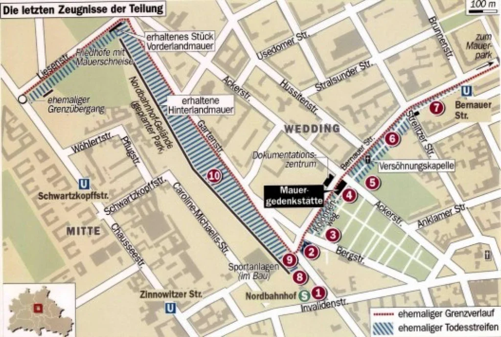 Stadtplan der Gedenkstätte Berliner Mauer mit der Kapelle der Versöhnung an der Bernauer Straße.